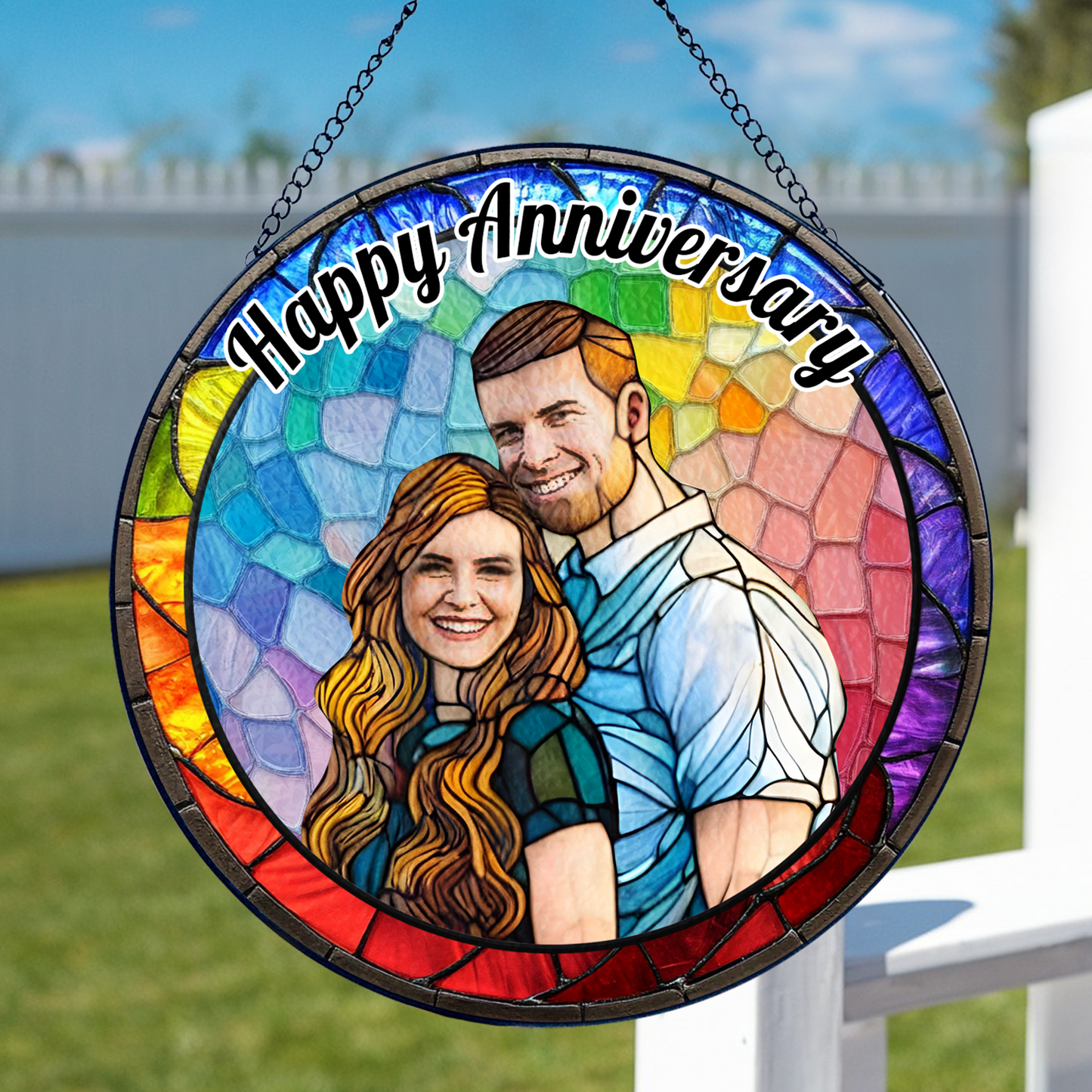 Personalized family photo stained glass suncatcher hanging in a window.