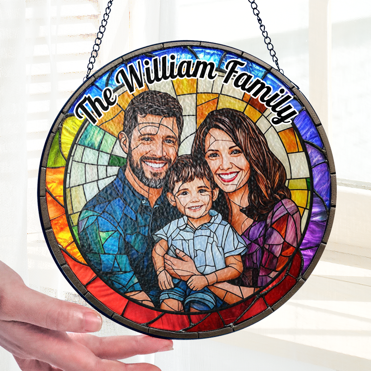 Personalized family photo stained glass suncatcher hanging in a window.