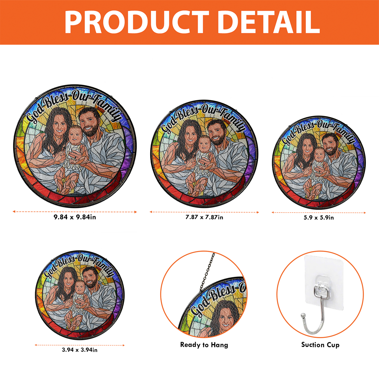 Personalized family photo stained glass suncatcher hanging in a window.