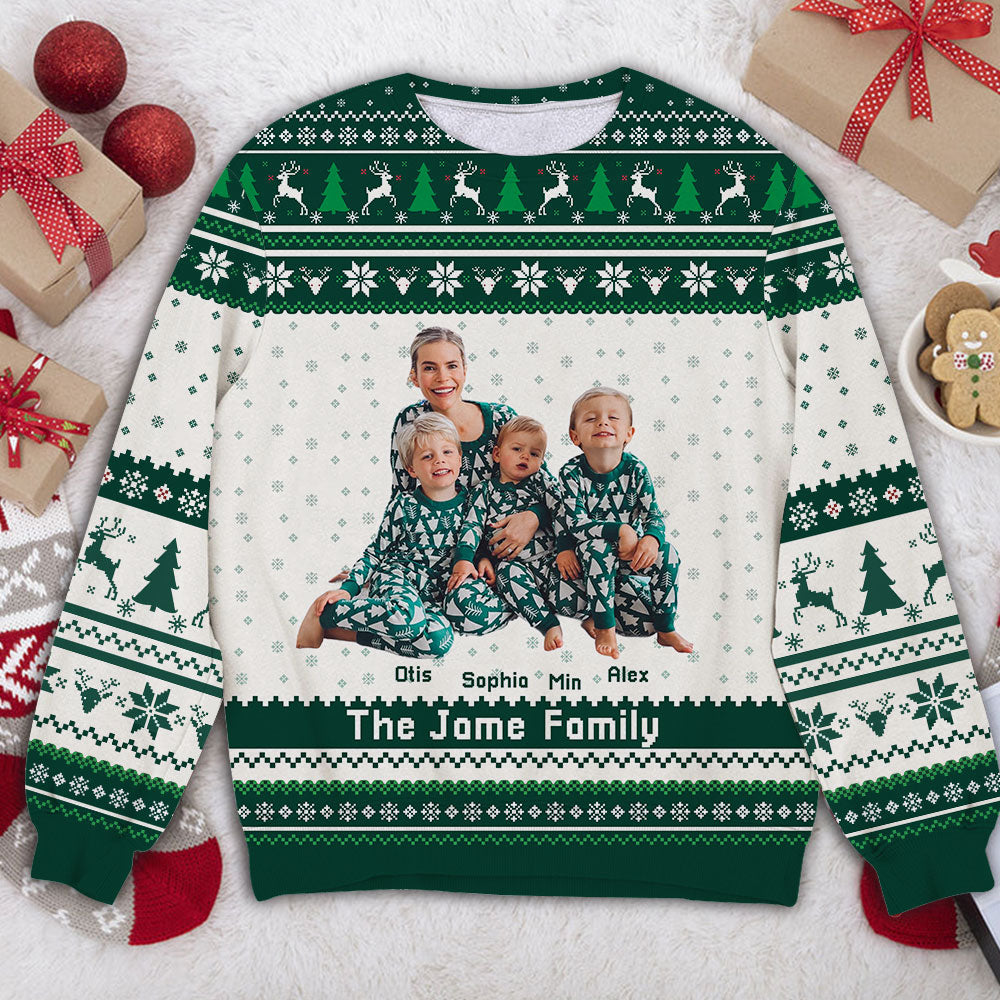 Our Family personalized sweatshirt, a unisex wool jumper, perfect Christmas gift.