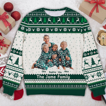 Our Family personalized sweatshirt, a unisex wool jumper, perfect Christmas gift.