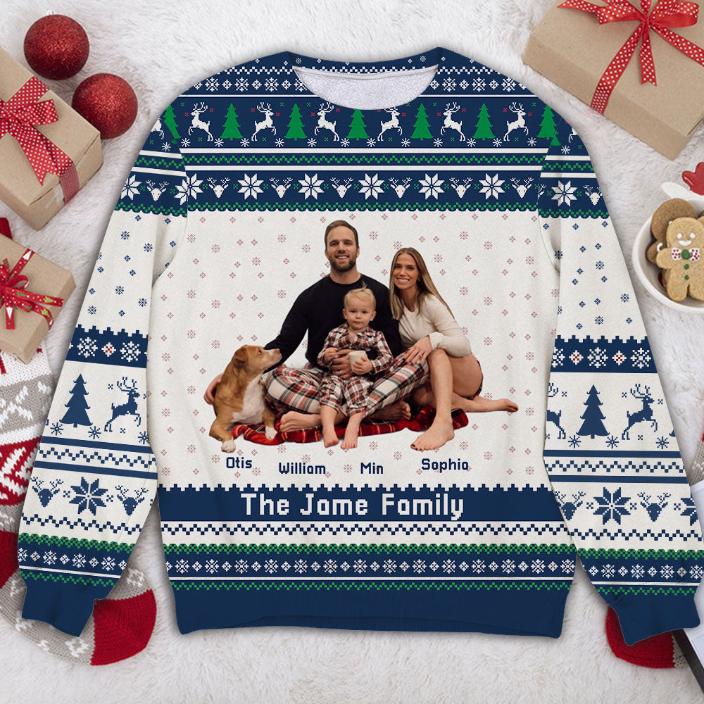 Our Family personalized sweatshirt, a unisex wool jumper, perfect Christmas gift.