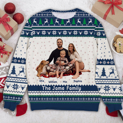 Our Family personalized sweatshirt, a unisex wool jumper, perfect Christmas gift.