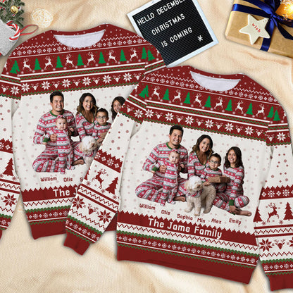 Our Family personalized sweatshirt, a unisex wool jumper, perfect Christmas gift.