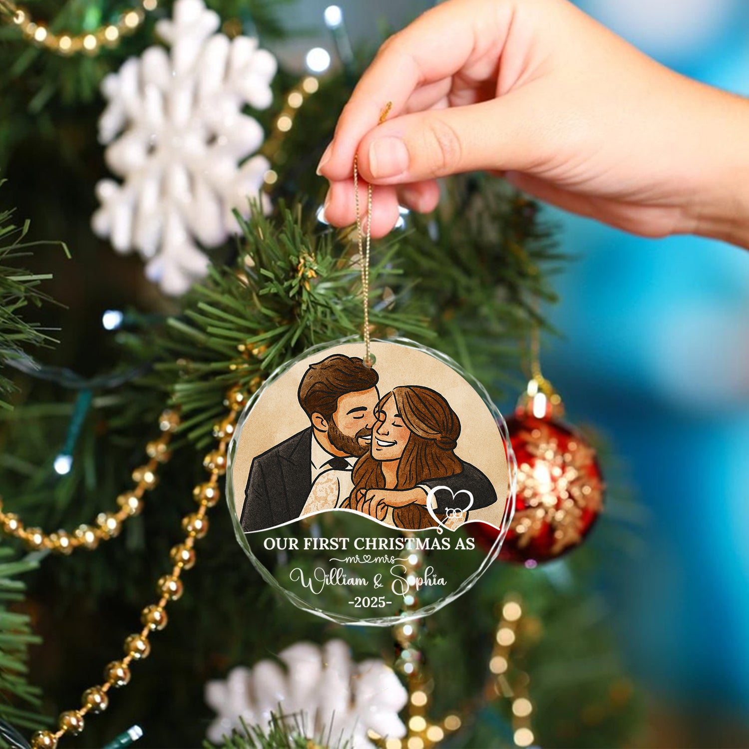 Personalized "Our First Christmas as Mr & Mrs" glass ornament, a custom Christmas gift.