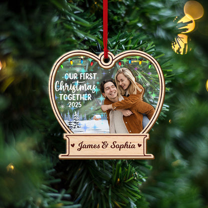 Our First Christmas custom hologram ornament, two-layered with personalized details.