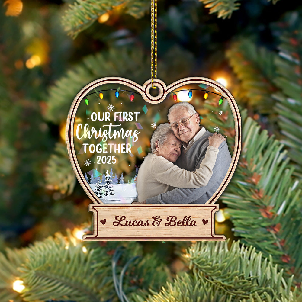 Our First Christmas custom hologram ornament, two-layered with personalized details.