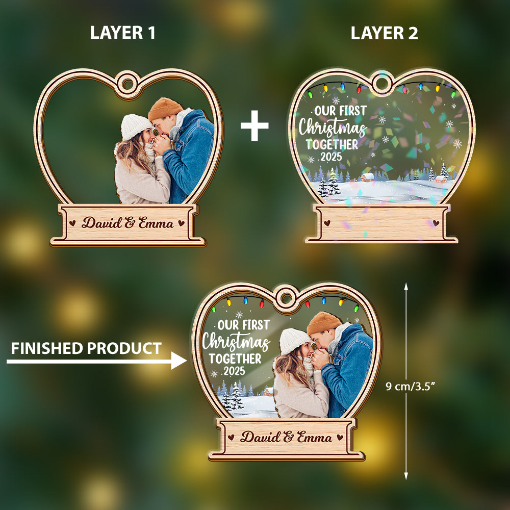 Our First Christmas custom hologram ornament, two-layered with personalized details.