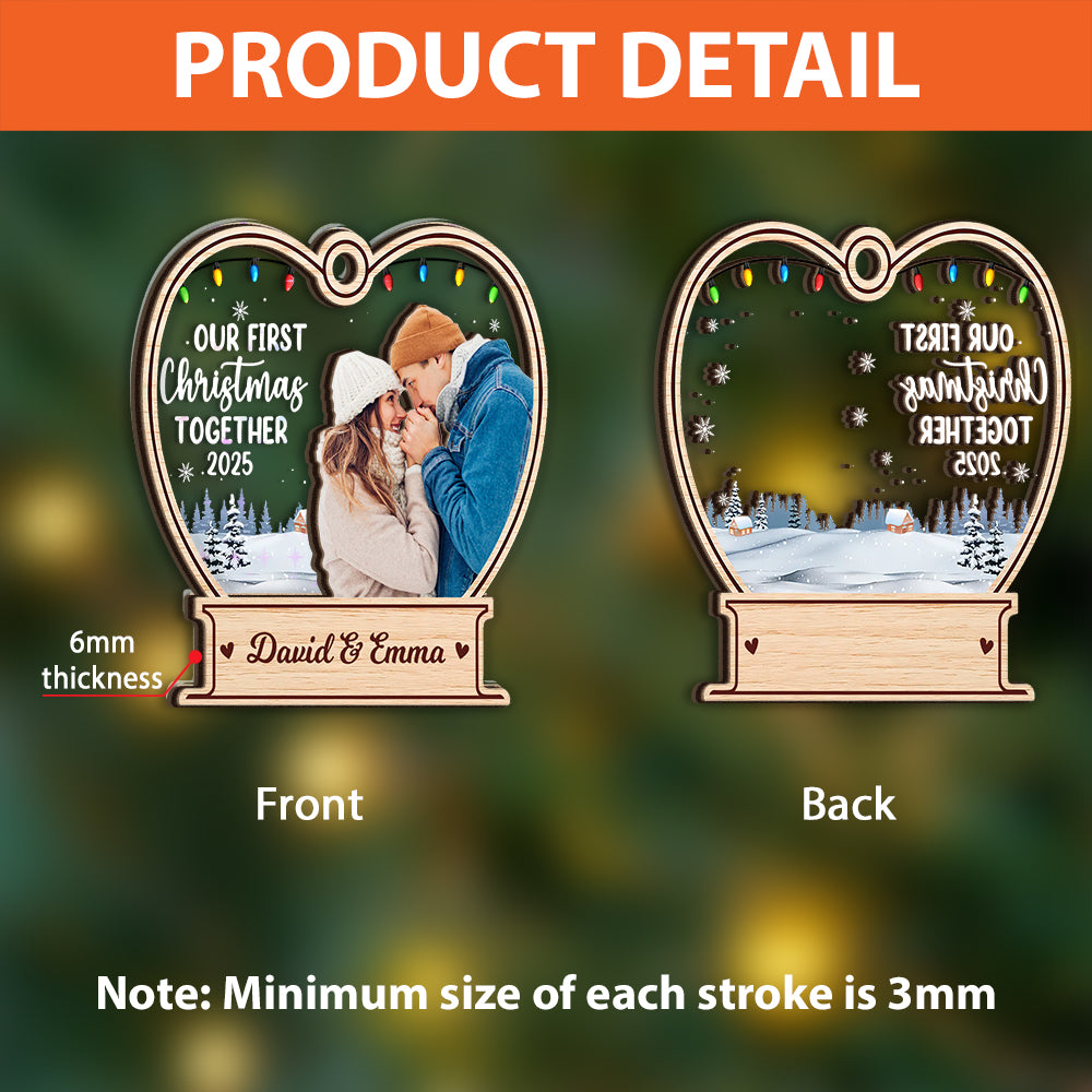 Our First Christmas custom hologram ornament, two-layered with personalized details.