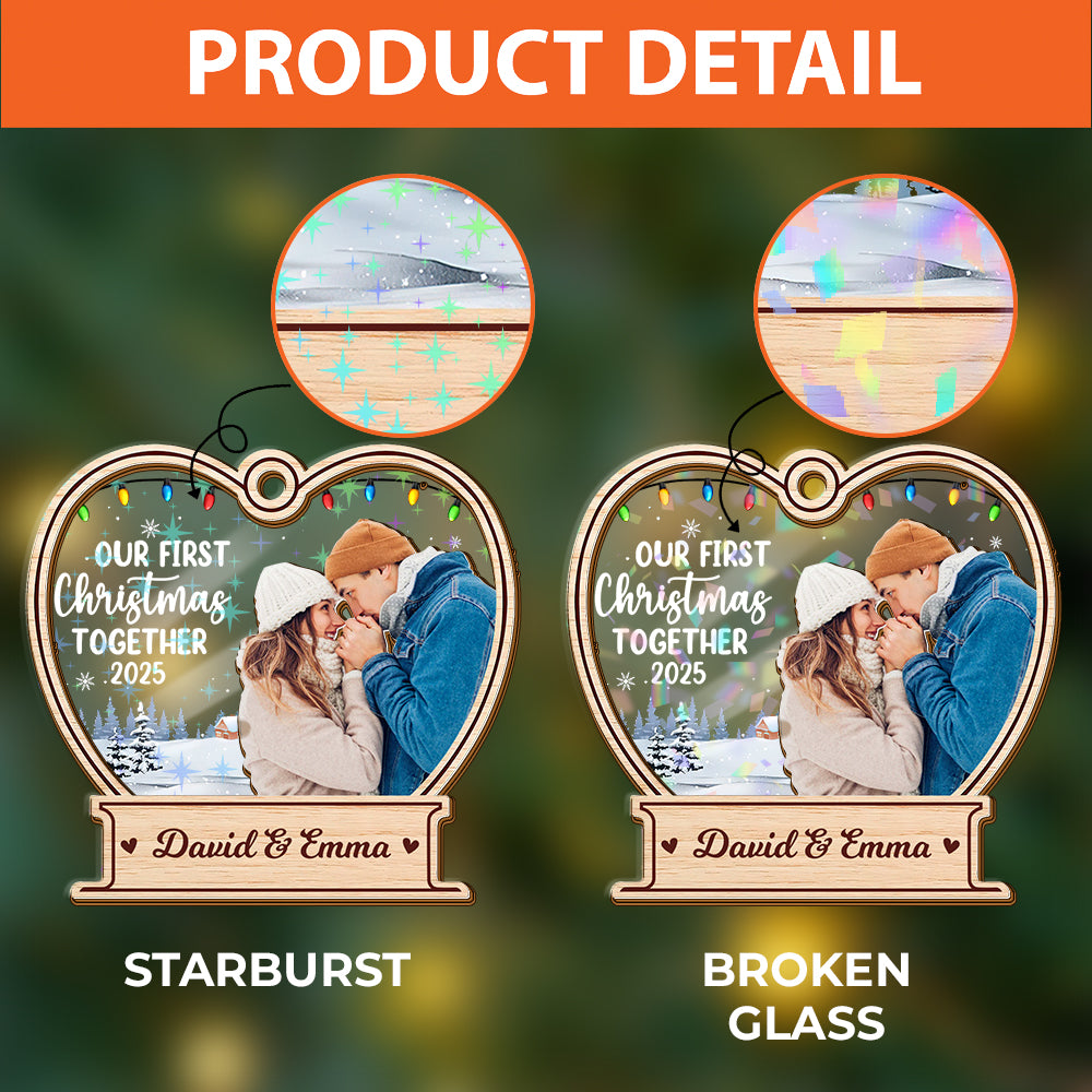 Our First Christmas custom hologram ornament, two-layered with personalized details.