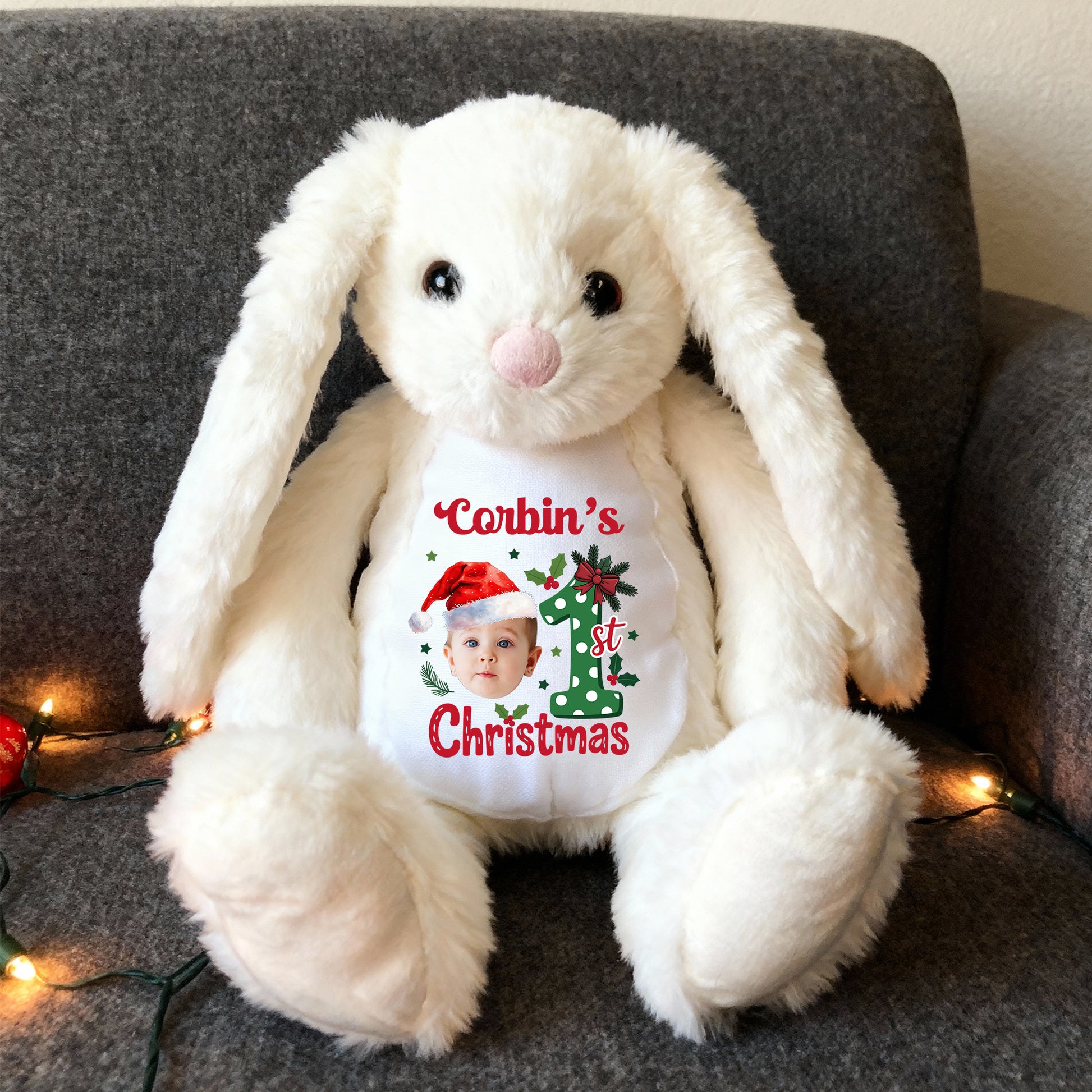 Personalized "Our First Christmas" plush bunny rabbit, a sweet gift for baby's first Christmas.