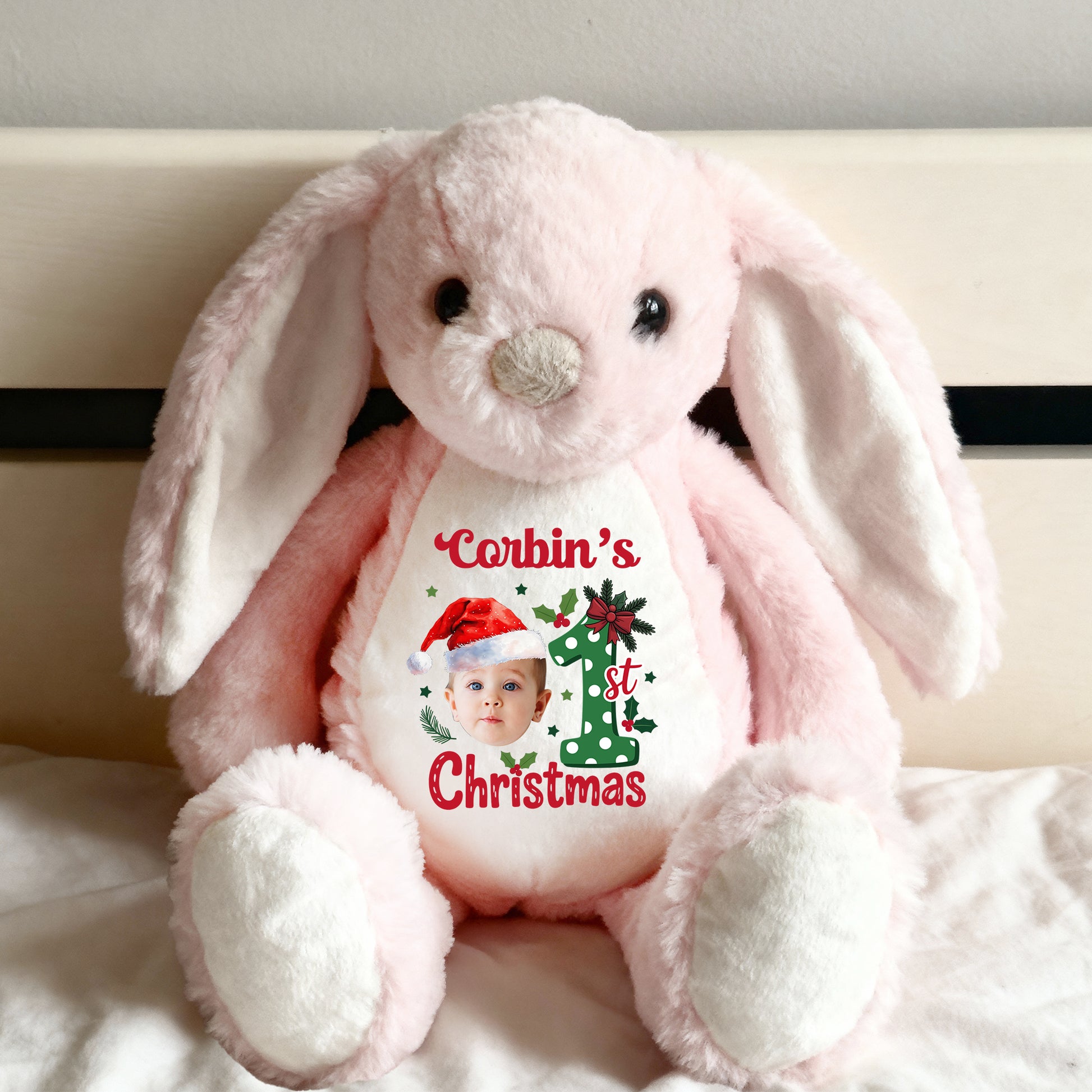 Personalized "Our First Christmas" plush bunny rabbit, a sweet gift for baby's first Christmas.