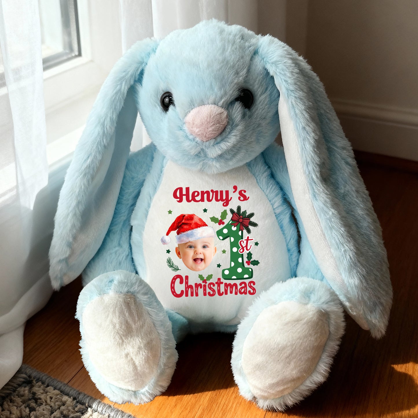 Personalized "Our First Christmas" plush bunny rabbit, a sweet gift for baby's first Christmas.