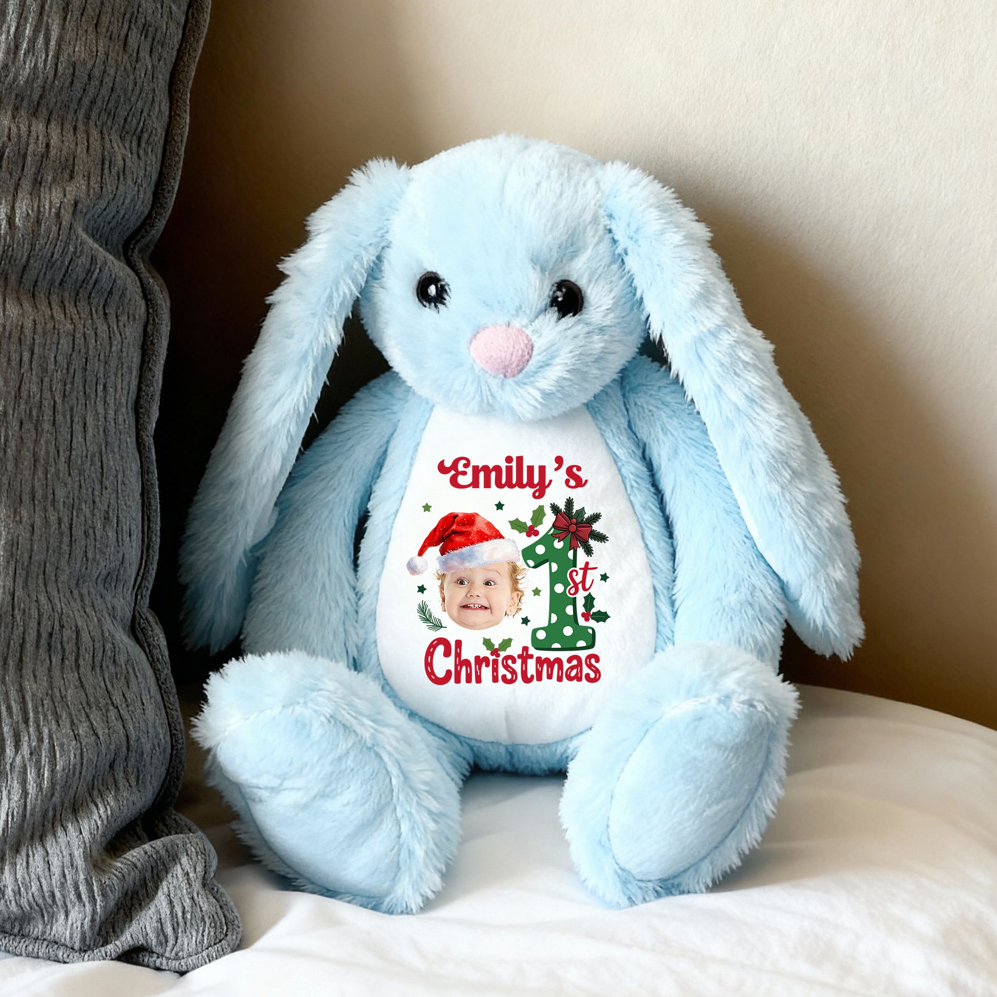 Personalized "Our First Christmas" plush bunny rabbit, a sweet gift for baby's first Christmas.