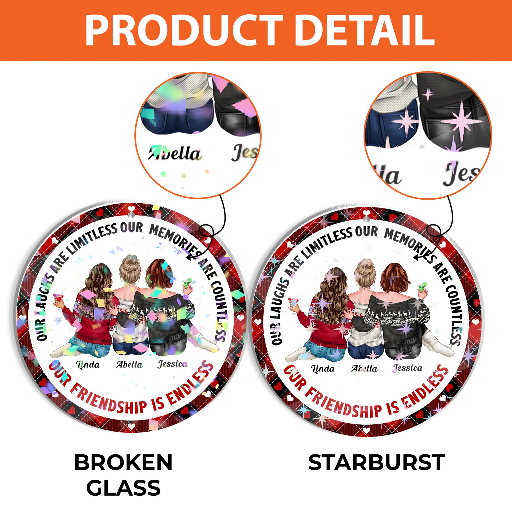 Our Friendship is Endless Custom Shape Hologram Ornament. Perfect personalized friend gift.