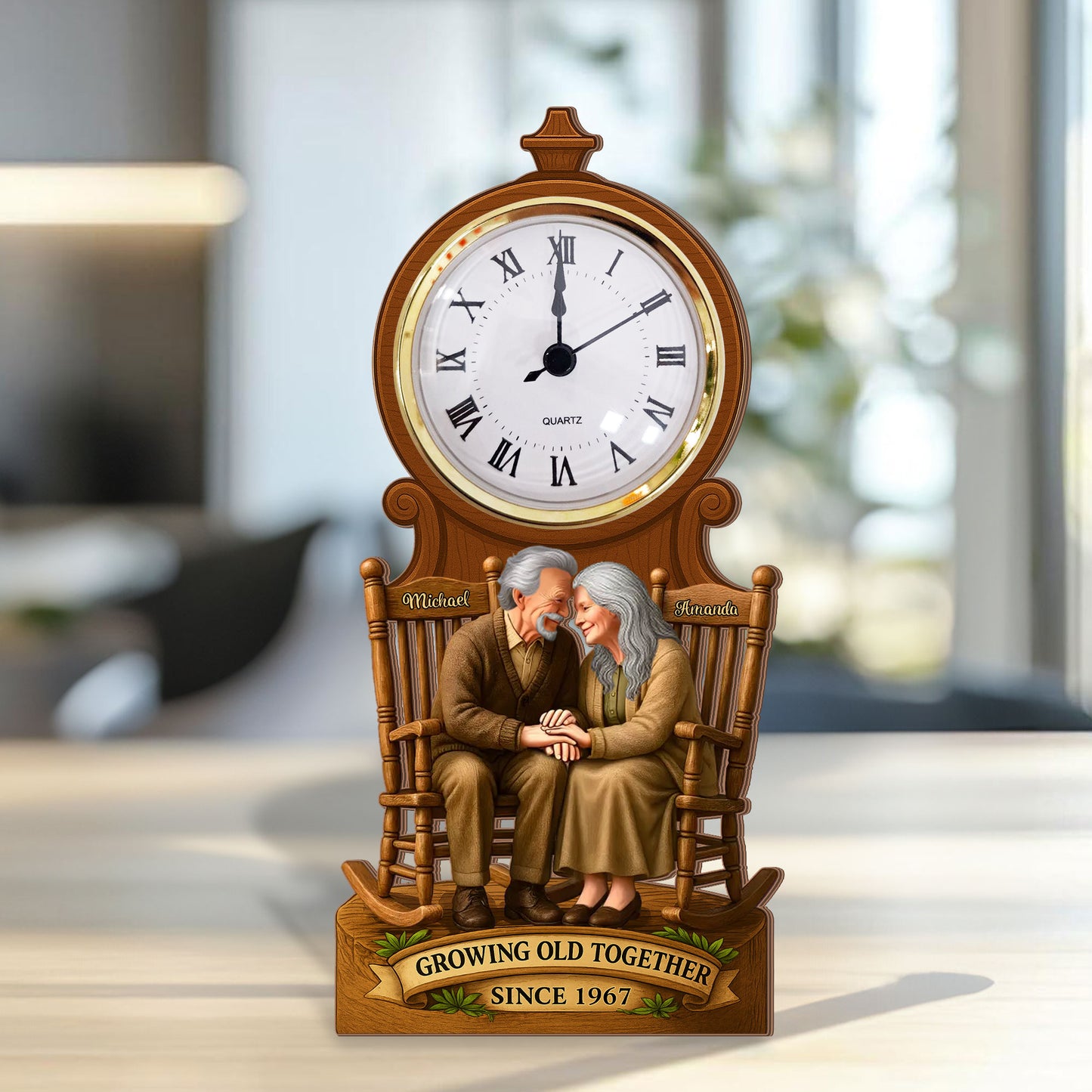Personalized "Our Love, Our Heart" desk clock plaque gift with custom names and date.