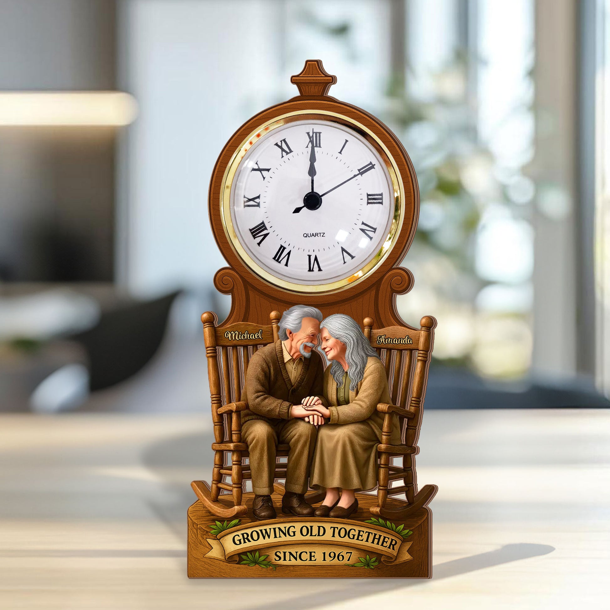 Personalized "Our Love, Our Heart" desk clock plaque gift with custom names and date.