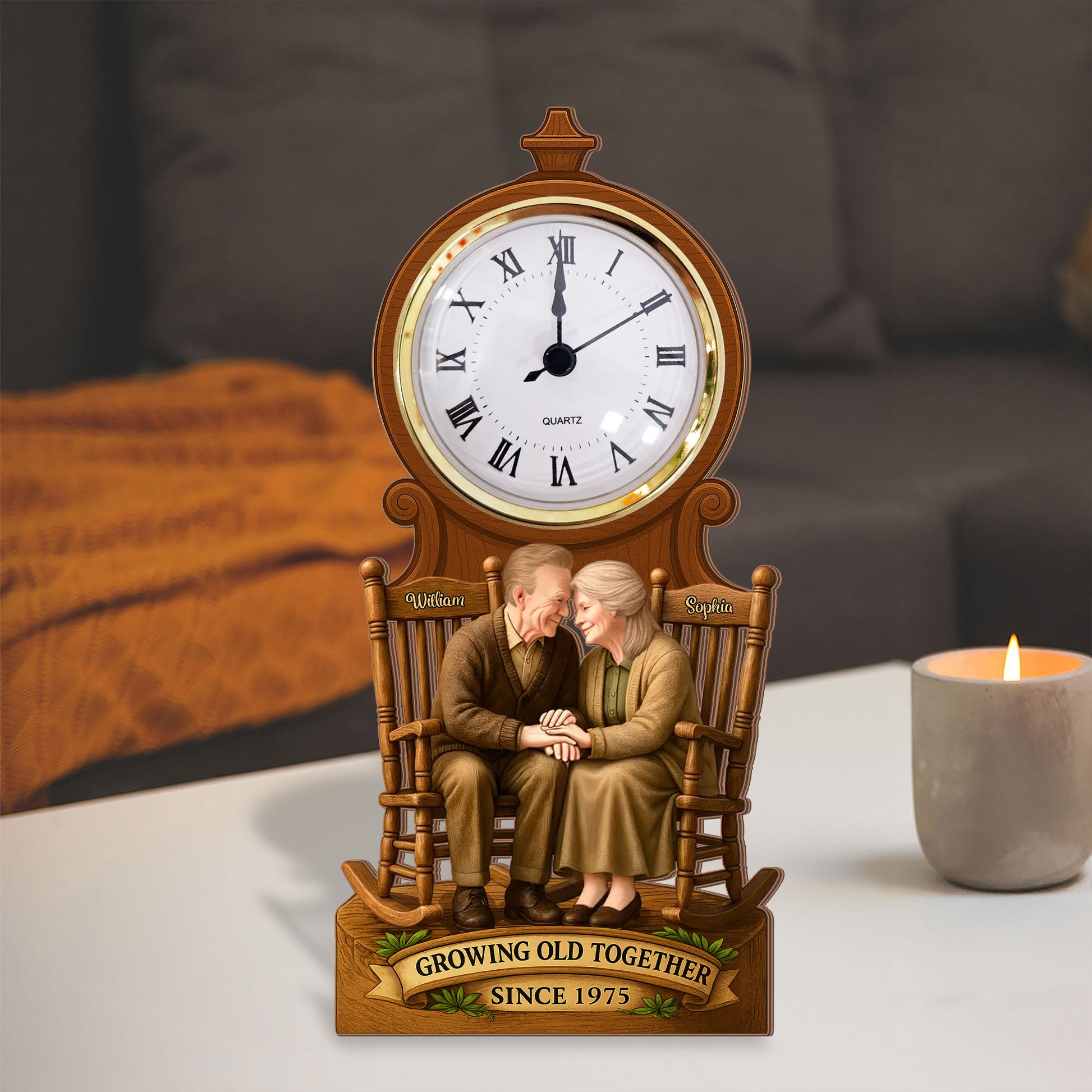 Personalized "Our Love, Our Heart" desk clock plaque gift with custom names and date.
