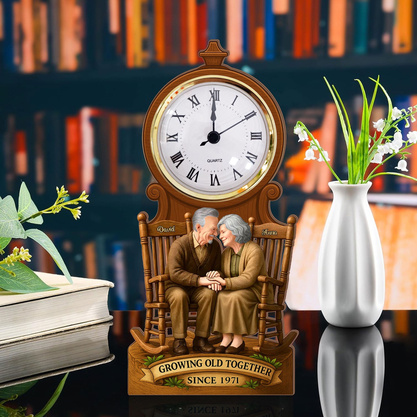 Personalized "Our Love, Our Heart" desk clock plaque gift with custom names and date.