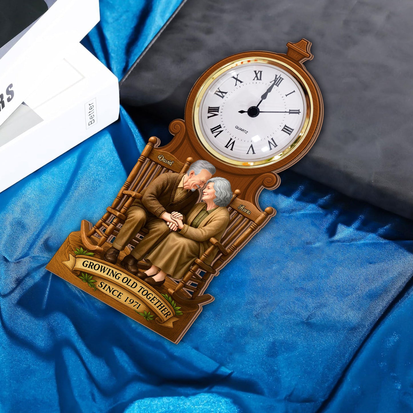 Personalized "Our Love, Our Heart" desk clock plaque gift with custom names and date.