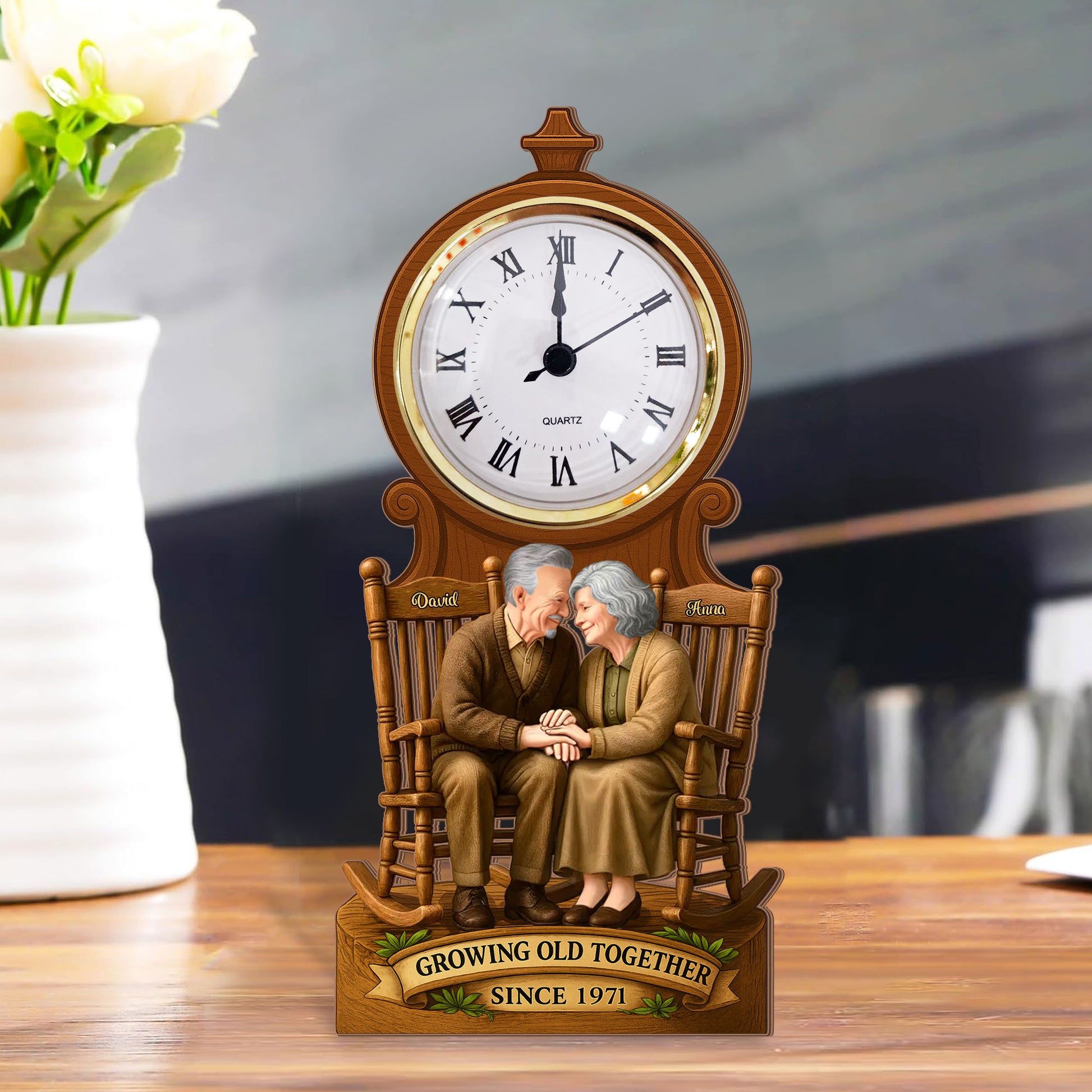 Personalized "Our Love, Our Heart" desk clock plaque gift with custom names and date.