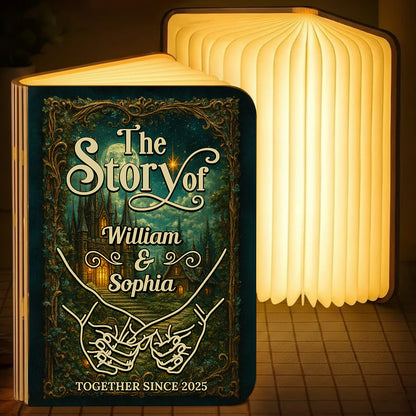Personalized Book Lamp showcasing "Our Love Story" design; a unique and romantic custom gift idea.