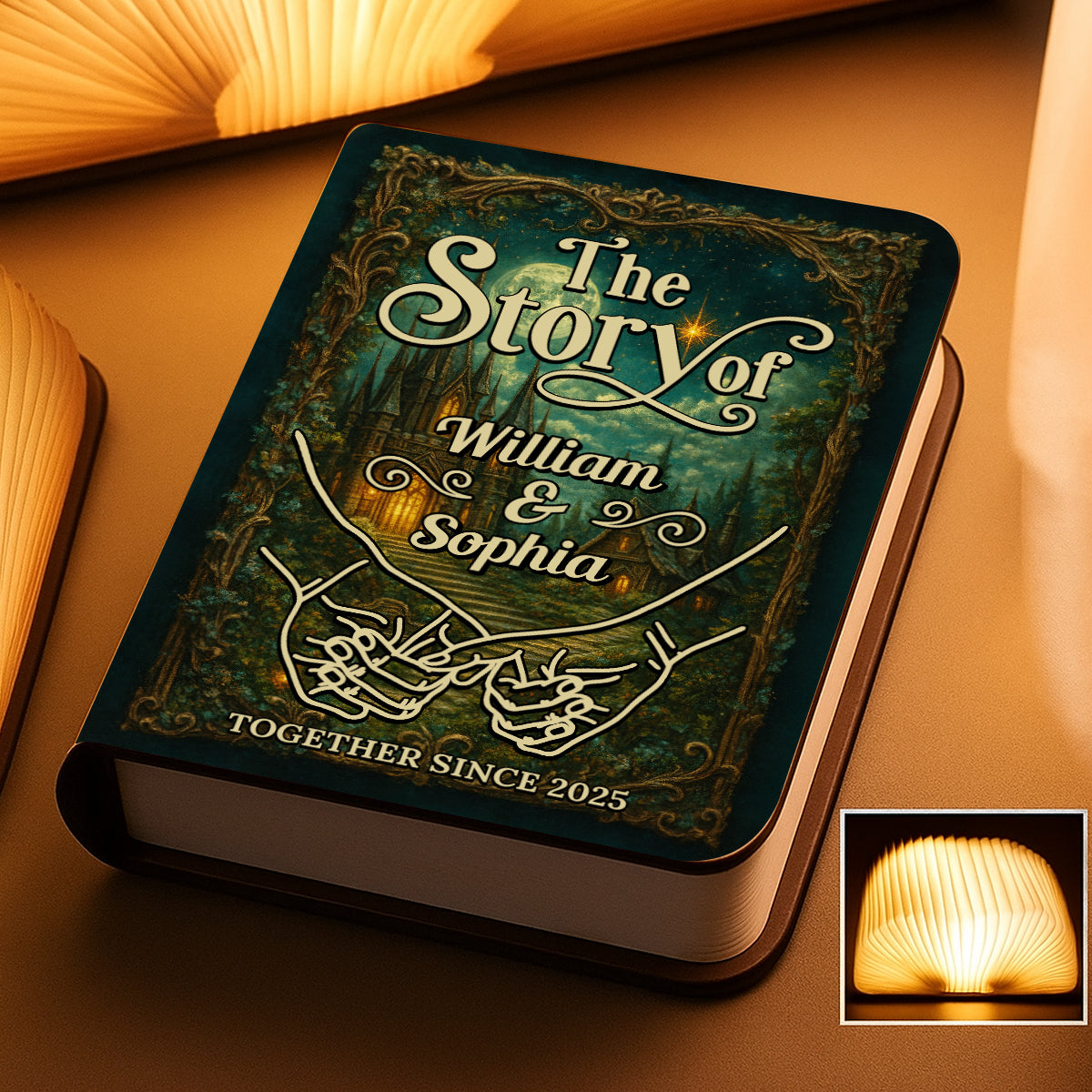 Personalized Book Lamp showcasing "Our Love Story" design; a unique and romantic custom gift idea.