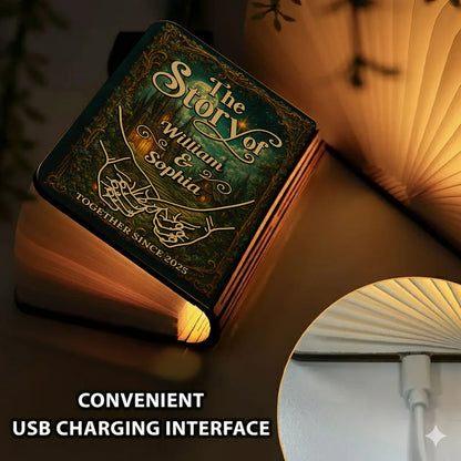 Personalized Book Lamp showcasing "Our Love Story" design; a unique and romantic custom gift idea.