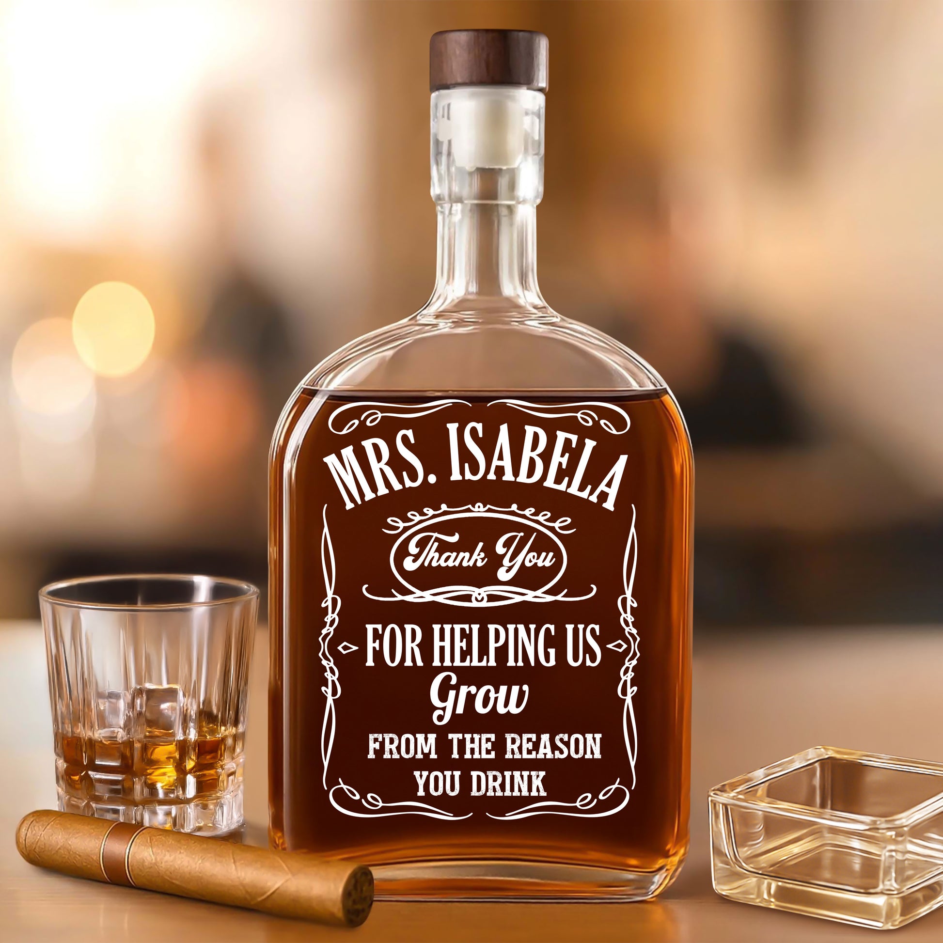 Personalized whiskey bottle for teachers, engraved with a custom design.
