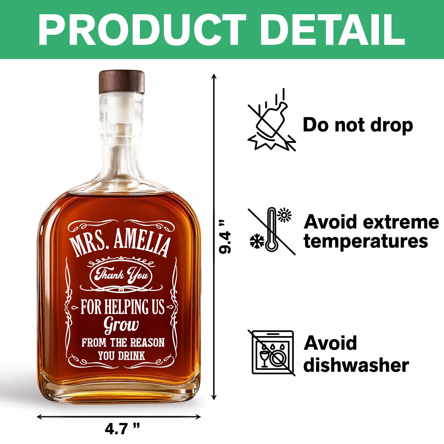 Personalized whiskey bottle for teachers, engraved with a custom design.