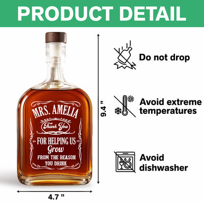 Personalized whiskey bottle for teachers, engraved with a custom design.