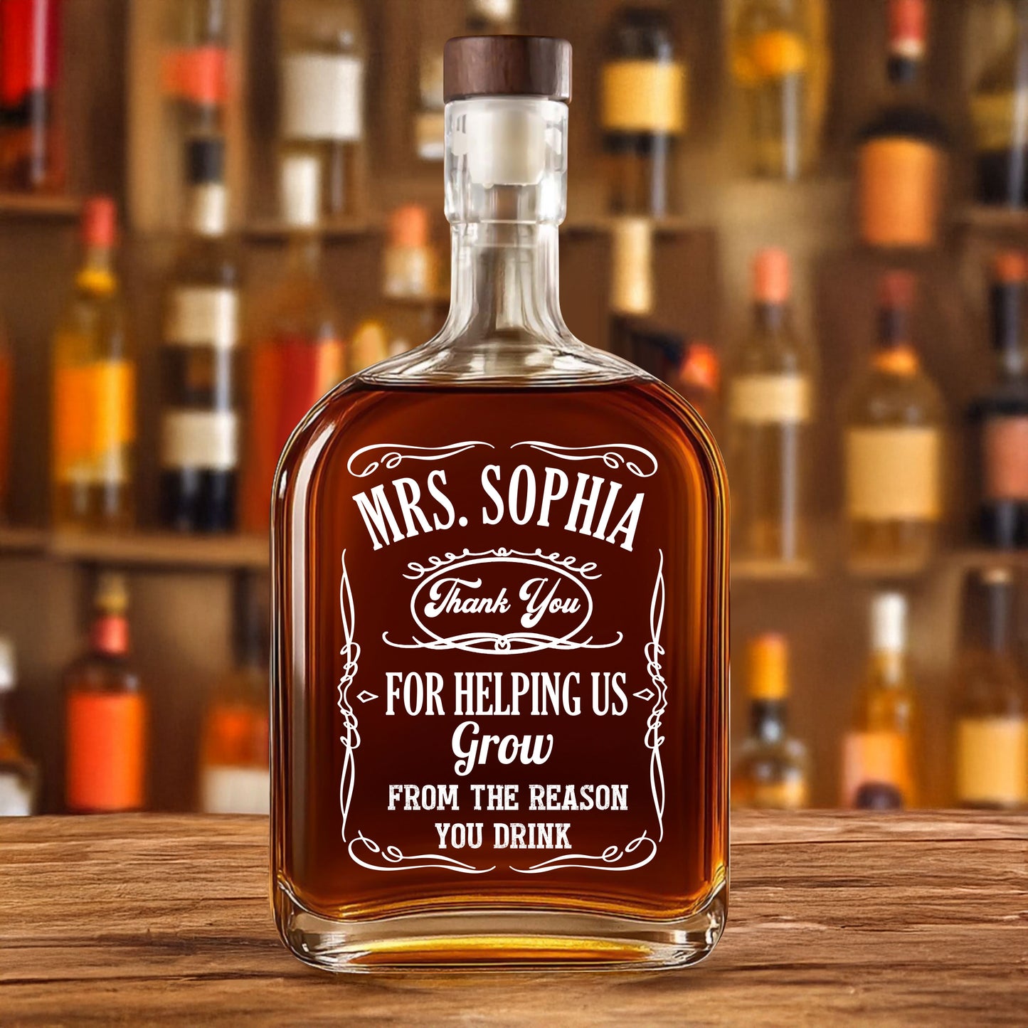Personalized whiskey bottle for teachers, engraved with a custom design.