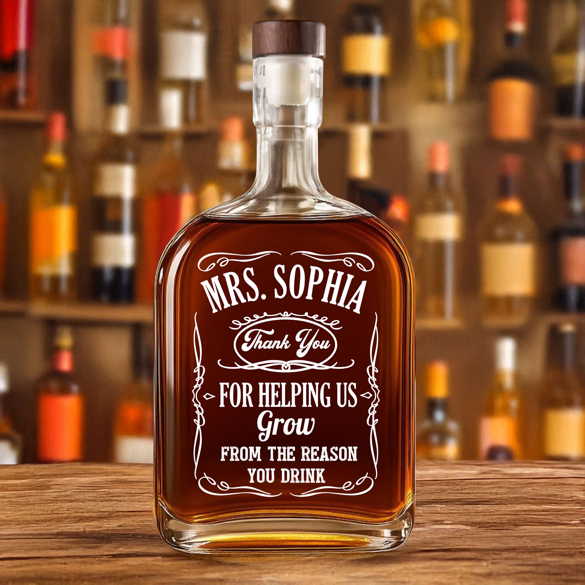 Personalized whiskey bottle for teachers, engraved with a custom design.