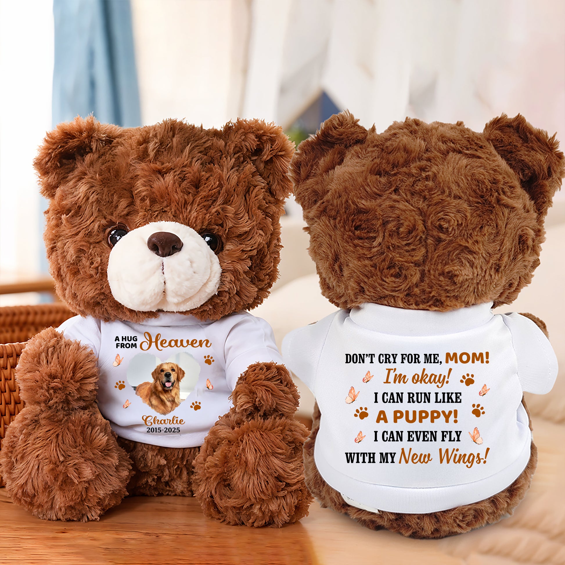 Personalized Paw & Angel Wings Dog Memorial Bear. Custom teddy bear plush for pet loss remembrance.