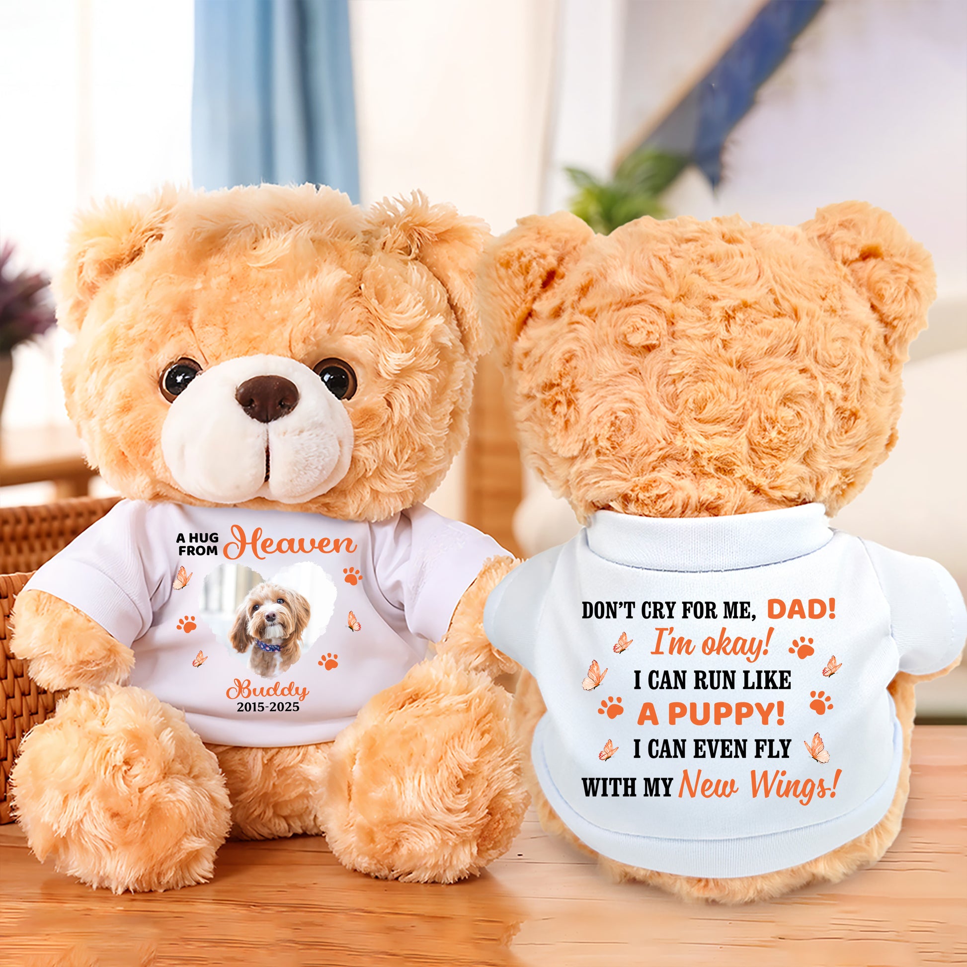 Personalized Paw & Angel Wings Dog Memorial Bear. Custom teddy bear plush for pet loss remembrance.