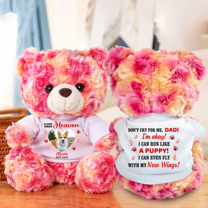 Personalized Paw & Angel Wings Dog Memorial Bear. Custom teddy bear plush for pet loss remembrance.