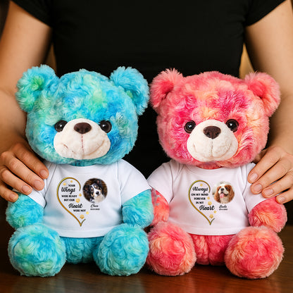 Personalized memorial teddy bear with paw and angel wings for pet loss remembrance.