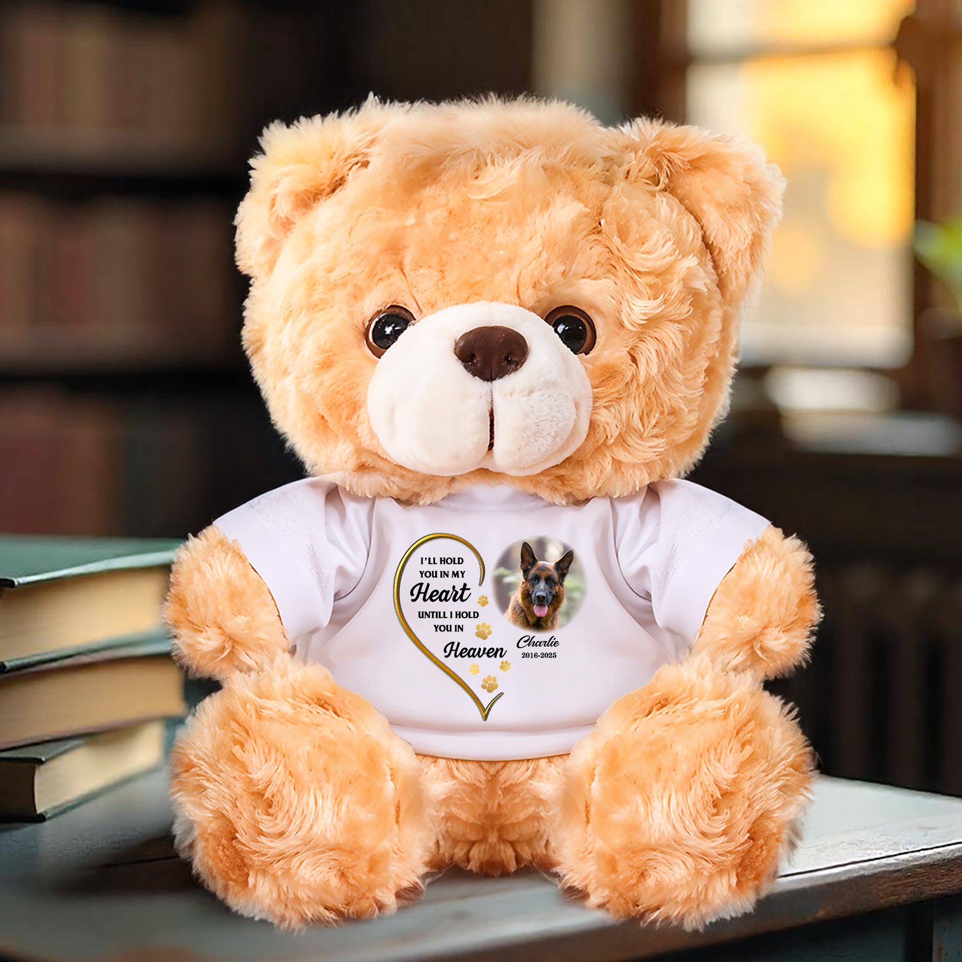 Personalized memorial teddy bear with paw and angel wings for pet loss remembrance.