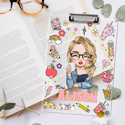 Personalized acrylic clipboard with teacher's name, a unique back-to-school teacher gift.