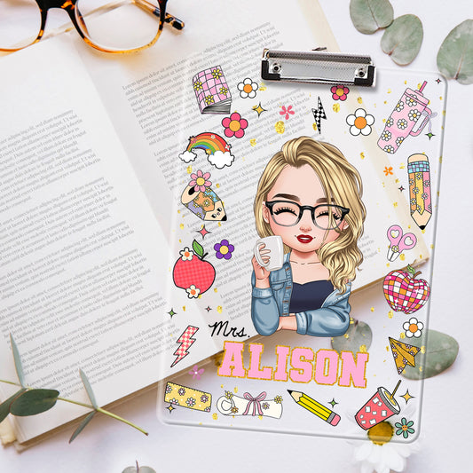 Personalized acrylic clipboard with teacher's name, a unique back-to-school teacher gift.