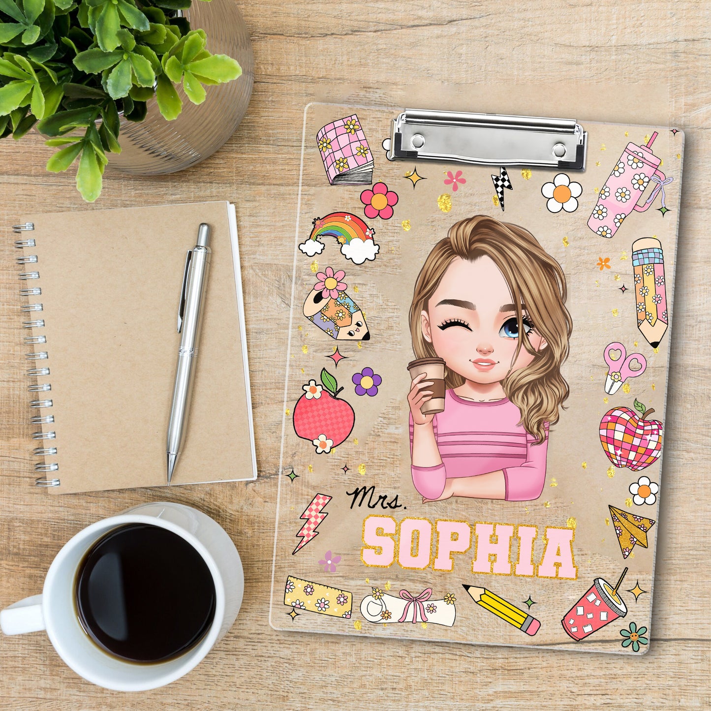 Personalized acrylic clipboard with teacher's name, a unique back-to-school teacher gift.