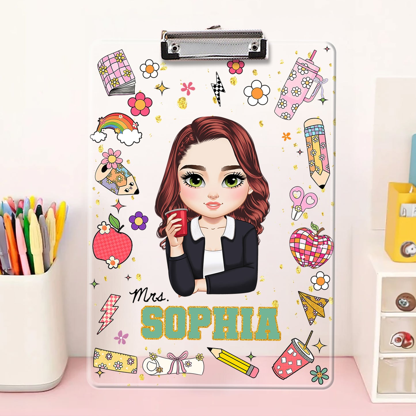 Personalized acrylic clipboard with teacher's name, a unique back-to-school teacher gift.