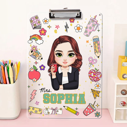 Personalized acrylic clipboard with teacher's name, a unique back-to-school teacher gift.