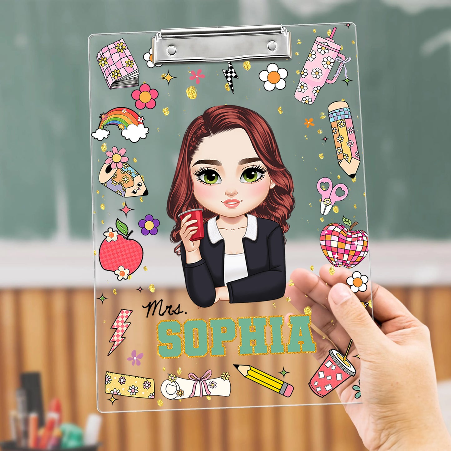 Personalized acrylic clipboard with teacher's name, a unique back-to-school teacher gift.