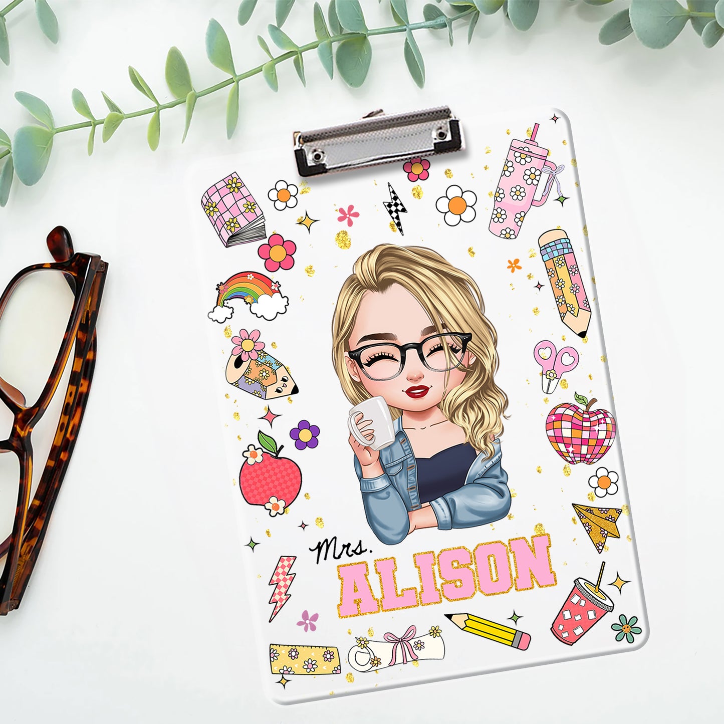 Personalized acrylic clipboard with teacher's name, a unique back-to-school teacher gift.