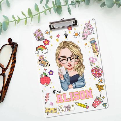 Personalized acrylic clipboard with teacher's name, a unique back-to-school teacher gift.