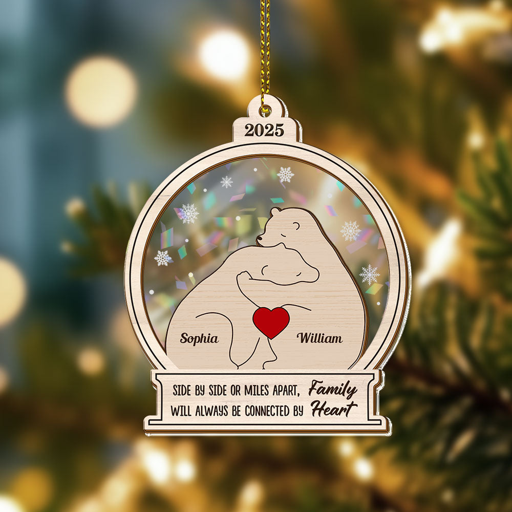 Personalized Bear Family Ornament: Custom Hologram 2-Layered Keepsake, connected by heart.