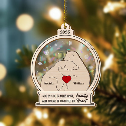 Personalized Bear Family Ornament: Custom Hologram 2-Layered Keepsake, connected by heart.