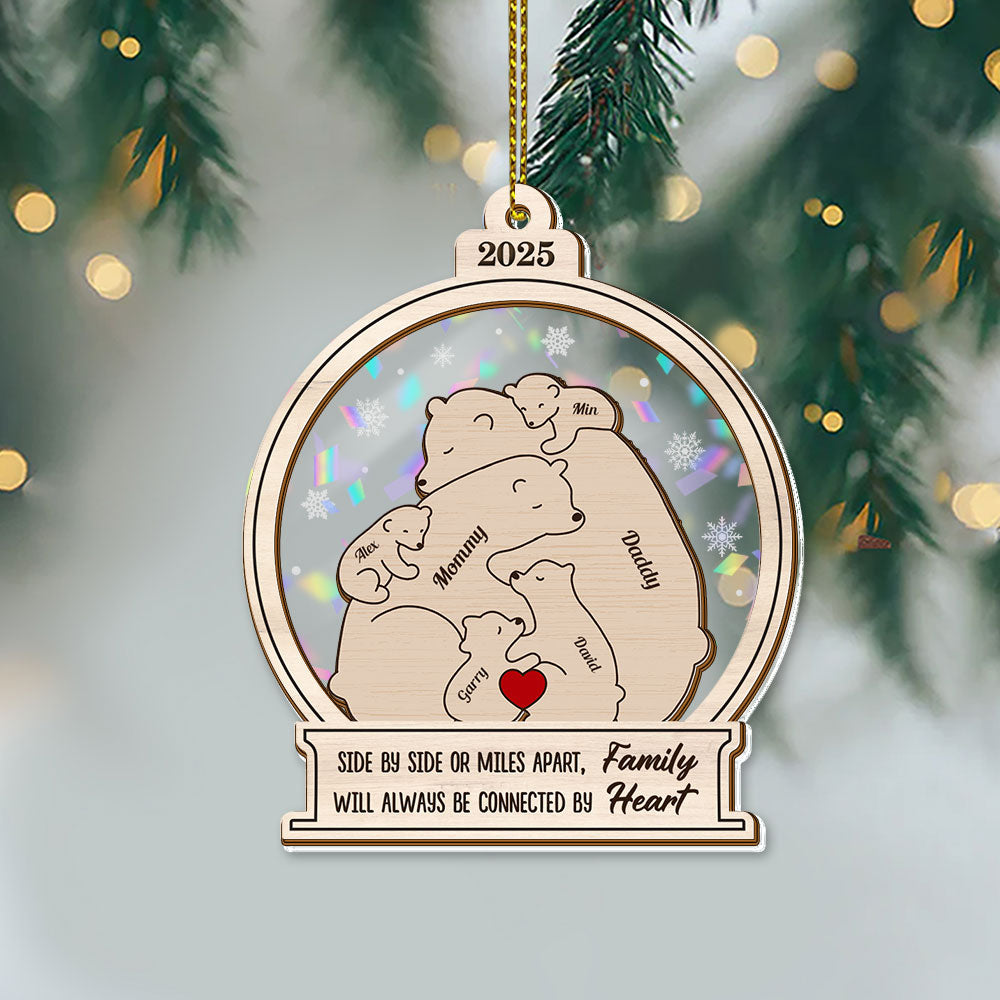 Personalized Bear Family Ornament: Custom Hologram 2-Layered Keepsake, connected by heart.