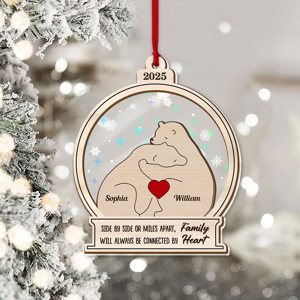 Personalized Bear Family Ornament: Custom Hologram 2-Layered Keepsake, connected by heart.